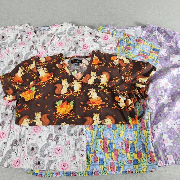 Landau Tops - Lot 4 Women Scrub Tops Landau Peaches UA Scrubs Animal Print XS S Dog Cat Bunny